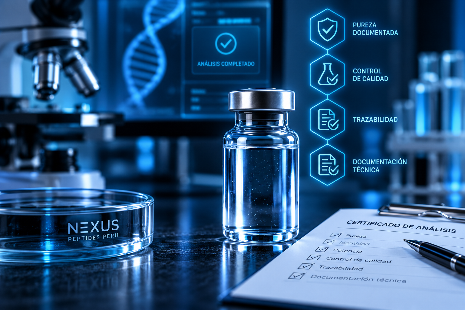 Laboratorio de análisis y documentación de calidad Nexus Peptides Peru